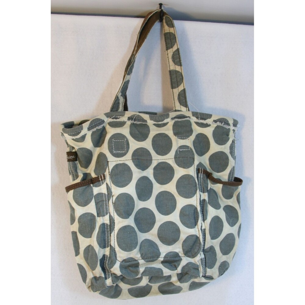 Thirty-One Retro Metro Gray Ivory Polka Dot Canvas Hobo Tote Bag Side Pockets